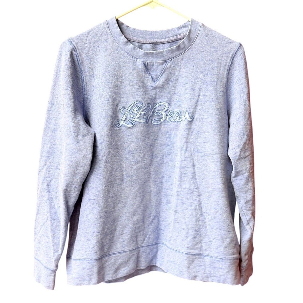 LL Bean Sweatshirt Womens‎ Medium Blue Heathered Script Logo Pullover 281571
